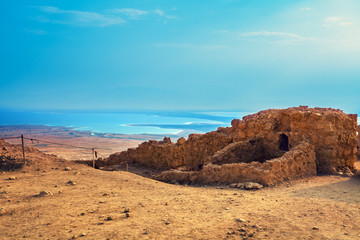 View of the Judean Desert from Mount Yair, Ein Gedi. Israel. Ruins of the Masada fortress