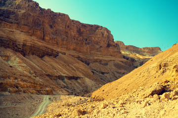 Mountain landscape with blue sky. Judaean Desert, Masada, Israel
