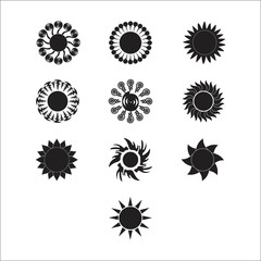 Sun vector burst icon set sol sunshine black color on white background. Isolated flat element sunlight. Illustration weather symbol design for web and app.