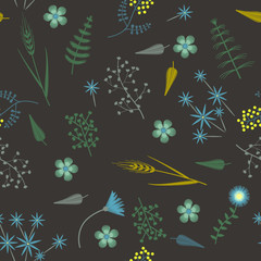 Vector Embroidery seamless pattern with Forest plants and Field wildflowers.