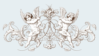 Vintage decorative element engraving with Baroque ornament pattern and cupids. Hand drawn vector illustration