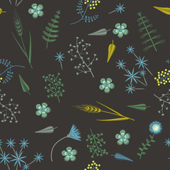 Embroidery seamless pattern with Forest plants and Field wildflowers.