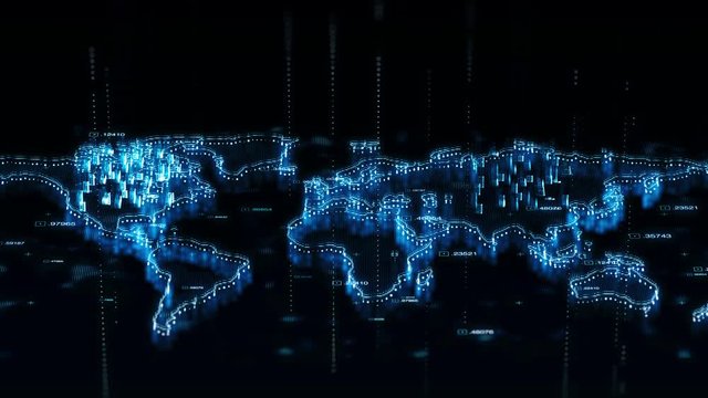 3D animation of blue colored glowing hologram of world map with data rotating in dark digital space 