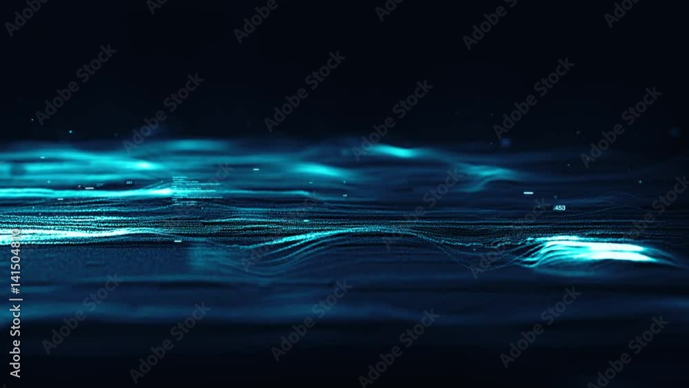 Aufkleber cgi animation of blue strings of particles waving in dark digital space