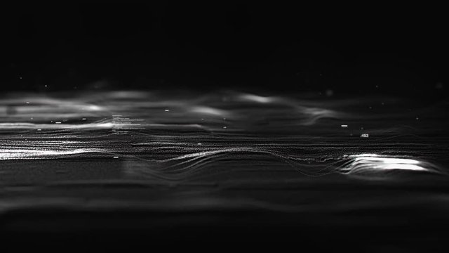 3D animation of white strings of glowing particles waving in dark digital space 