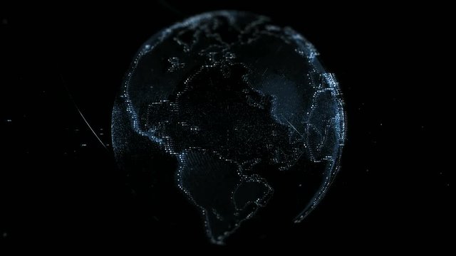 Loopable 3D animation of hologram of planet Earth rotating in dark digital space  
