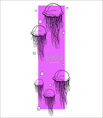 vector template with hand drawn jellyfishes on colored background and place for text © sokolovaju
