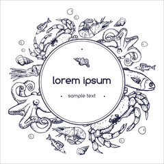 frame with hand drawn sea animals - octopus, fish, squid, shrimp, crab