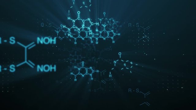 Fly-through animation of blue chemical chains appearing on dark background of abstract digital space 