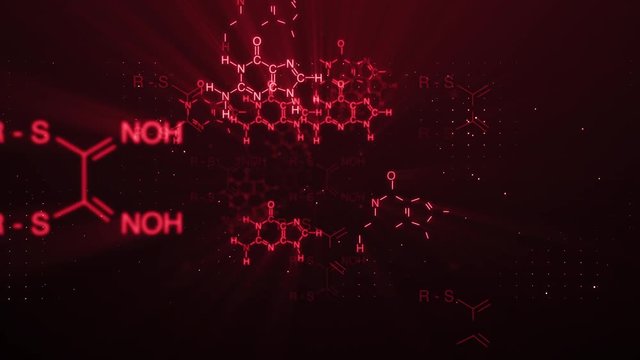 Fly-through animation of red colored chemical chains flying in dark digital space, scientific and educational presentations material