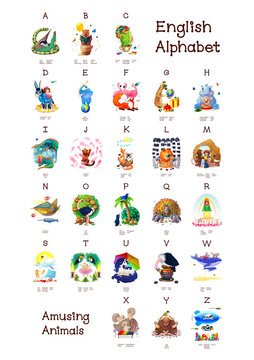 English Alphabet series of Amusing Animals. All 26 letters in one poster file