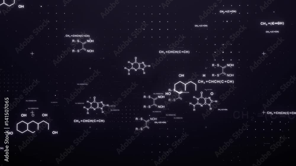 Poster 3d animation with zoom in of purple chemistry chains and formulas floating in dark digital space