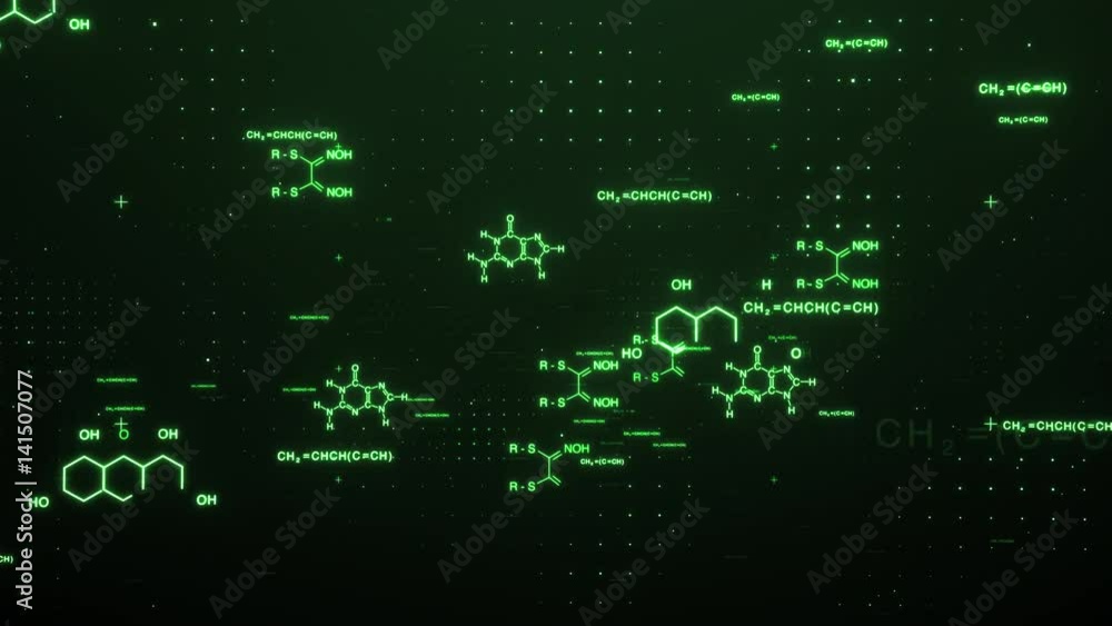Aufkleber zoom in of green hexagon chemistry chains and formulas floating in digital space