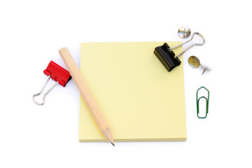 Office supplies isolated on white background, pencil, paper, staples, pencil sharpeners