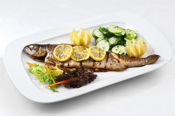 Grilled fish and green salad in a white plate