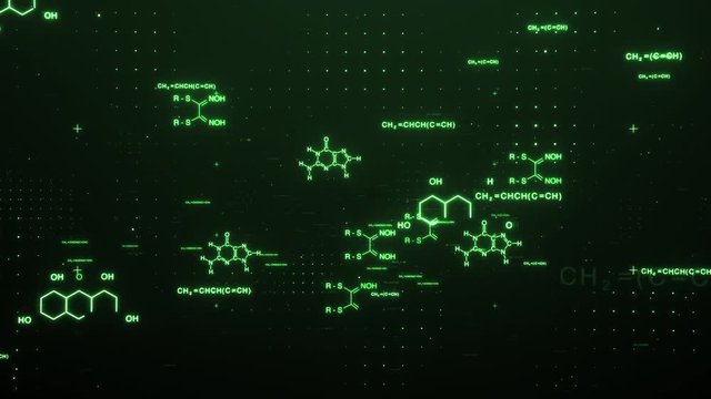 Zoom in of green hexagon chemistry chains and formulas floating in digital space