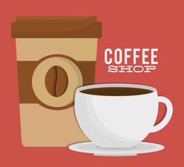 disposable coffee cup and mug over red background. colorful design. vector illustration