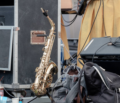 Saxophone / View of saxophone lay on the stage.