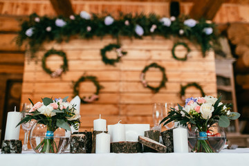 Fototapeta na wymiar Decorated background for newlyweds table