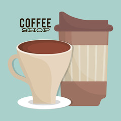 disposable coffee cup over blue background. colorful design. coffee shop concept. vector illustration