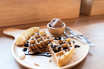 delicious sweet dessert : homemade waffle with chocolate sauce