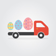 Delivery truck with colorful Decorated Easter Eggs vector illustration flat design for Easter day and Happy Easter Cards.