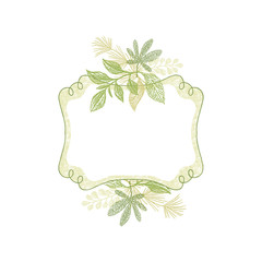 Green doodle flower hand drawn frame patterns, invitation, wedding or greeting card design. Greenery plant border composition, leaves decoration vector.