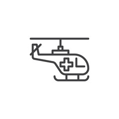 Helicopter with cross line icon, outline vector sign, linear style pictogram isolated on white. Air ambulance symbol, logo illustration. Editable stroke. Pixel perfect