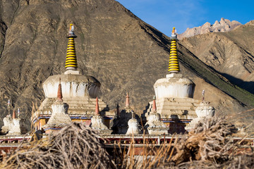 Stupas of the Lamayuru Monastery (Yuru Gompa), Leh district,Ladakh, Himalayas, Jammu and Kashmir, Northern India