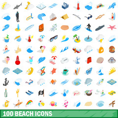 100 beach icons set, isometric 3d style