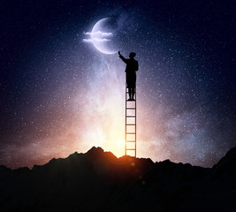 Woman climbing ladder . Mixed media