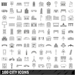100 city icons set, outline style
