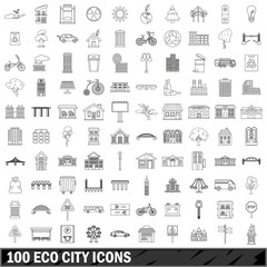 100 eco city icons set, outline style