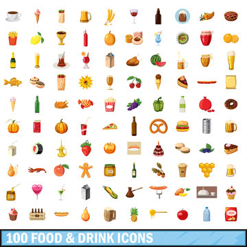 100 food and drink icons set, cartoon style