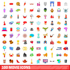 100 movie icons set, cartoon style