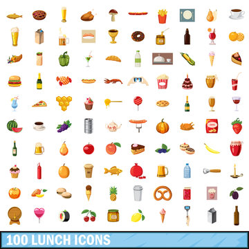 100 lunch icons set, cartoon style