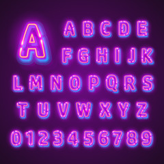 Fluorescent neon font on dark background. Nightlight alphabet. Vector illustration.