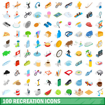 100 recreation icons set, isometric 3d style
