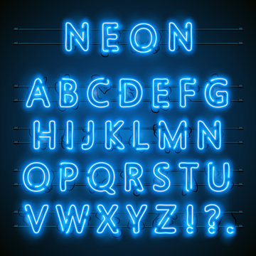 Neon font city. Neon blue font english. City blue font. Alphabet font. Vector illustration