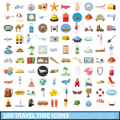 100 travel time icons set, cartoon style