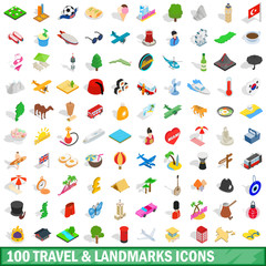 100 travel landmarks icons set, isometric 3d style