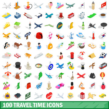 100 travel time icons set, isometric 3d style