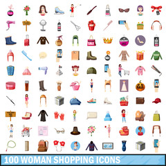 100 women shopping icons set, cartoon style