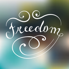 Fototapeta na wymiar Vector hand lettered typography poster Freedom on blurred background.