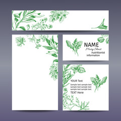 Corporate style - herbs. Vector background sketch herbs. Herbs - Bay leaf, dill, thyme, sage, rosemary, Basil, parsley, arugula.