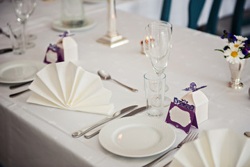 A very nicely decorated wedding table with plates and serviettes.