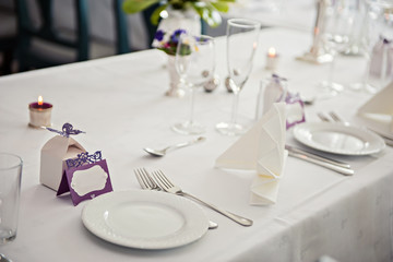 A very nicely decorated wedding table with plates and serviettes.