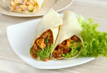 Burritos wraps with pork  and vegetables.