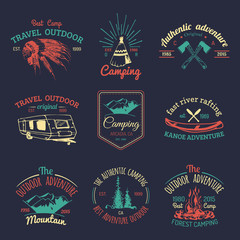 Vector set of camping logos. Tourism emblems or badges. Signs collection of outdoor adventures with Indian elements.