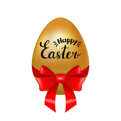 Obraz premium Realistic golden egg decorated with red bow and Happy Easter hand lettering isolated on white background. Festive decoration. Vector illustration for greeting card, party invitation, banner, website.